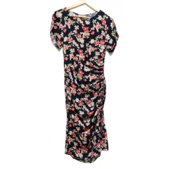 ヌメロ ヴェントゥーノ ワンピース サイズ38 M レディース - 黒×レッド×マルチ クルーネック/半袖/ロング/花柄/シースルー/ギャザー