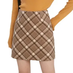 チェックスカート レディース ハイウエスト Aライン タイト ミニ スレンダー 見える 脚長美脚 ギフト クリスマス 忘年会 カーキ