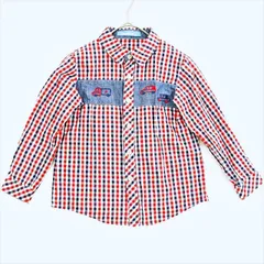 ME1-794☆新品同様 familiarファミリア 長袖シャツ トップス チェック柄 110サイズ 乗り物デザイン 子供服 キッズ 男の子 車 お出かけ トリコロールカラー風■