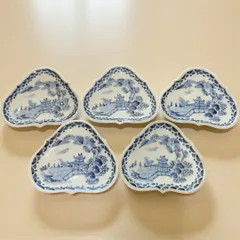 江戸時代後期 希少 変形皿 染付 印あり 5客揃え 山水 手描き模様 アンティーク 食器 和食器