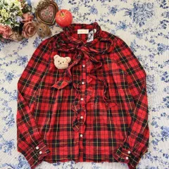 タグ付き タータンチェック 前フリル ボウタイ付きブラウス レッド M程度