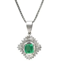 ネックレス エメラルド ダイヤ プラチナシルバー ダイヤモンド グリーン 緑 エメラルドカット ひし形 【中古】