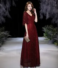 ★3XL ワインレッド ロングドレス ドレス 演奏会 半袖 フリンジ キラキラ Vネック 大人 ピアノ 発表会 母親 結婚式 ロング 大きいサイズ 体型カバー 謝恩会 卒業式 花嫁 合唱団 ステージ 20代 30代 40代 da066n1