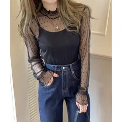 ☆ ブラック ☆ Mサイズ ☆ 長袖ドットチュールブラウス シアートップス 長袖 シアー カットソー シアーブラウス チュールブラウス チュール インナー 透け シースルー フリルネック トップス 大人 かわいい おしゃれ 可愛い 女性 top-029