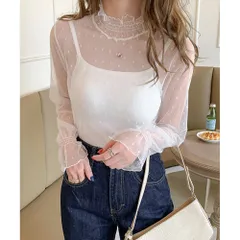 ☆ ホワイト ☆ Mサイズ ☆ 長袖ドットチュールブラウス シアートップス 長袖 シアー カットソー シアーブラウス チュールブラウス チュール インナー 透け シースルー フリルネック トップス 大人 かわいい おしゃれ 可愛い 女性 top-029