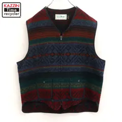 80s USA製 vintage L.L.Bean ネイティブ柄 バックルバック ジップアップ ウール ベスト メンズ 表記Lサイズ