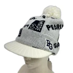 未使用品 パーリーゲイツ PEARLY GATES つば付ニット帽 フリー ホワイト 白 ロゴ柄 ボンボンニットキャップ