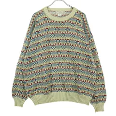 PAUL STUART ポールスチュアート ペルー製 総柄 長袖 ニット S クリーム メンズ 古着