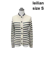 ■ レリアン leilian カーディガン 長袖 バインダーネック ニット トップス ボーダー 白 黒 毛 1 S 7号 レディース H5Y083