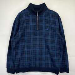 古着 ノーティカ NAUTICA スウェット 大きいサイズ ハーフジップ チェック柄 プルオーバー ワンポイントロゴ刺繍 2XL  ネイビー メンズ