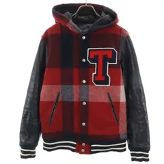 TOMMY トミー チェック 切替 ジャケット M レッド 袖レザー トミーヒルフィガー メンズ 古着