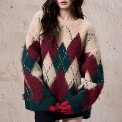 【レディース ニット】クリスマス アーガイル ラウンドネック ニットセーター 冬 秋冬 かわいい タイプ2