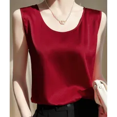 ☆ レッド ☆ Mサイズ ☆ シルキータンクトップ タンクトップ レディース ゆったり ノースリーブ さらさら ラウンドネック トップス インナー 大人 かわいい きれいめ 上品 シンプル 無地 オフィスカジュアル おしゃれ 可愛い 女性 top-102