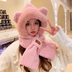 ☆ ピンク ☆ フードマフラー レディース フード付きマフラー マフラー 帽子 フード付き ネックウォーマー かわいい おしゃれ 帽子マフラー 防寒対策 冷え対策 暖かい 手袋 防寒 防風 保温 寒さ対策 女性 保温性 便利アイテム 贈り物 ギフト