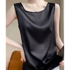 ☆ ブラック ☆ Mサイズ ☆ シルキータンクトップ タンクトップ レディース ゆったり ノースリーブ さらさら ラウンドネック トップス インナー 大人 かわいい きれいめ 上品 シンプル 無地 オフィスカジュアル おしゃれ 可愛い 女性 top-102