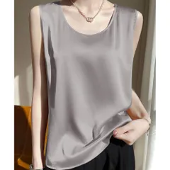☆ グレー ☆ Mサイズ ☆ シルキータンクトップ タンクトップ レディース ゆったり ノースリーブ さらさら ラウンドネック トップス インナー 大人 かわいい きれいめ 上品 シンプル 無地 オフィスカジュアル おしゃれ 可愛い 女性 top-102