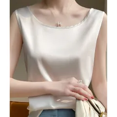 ☆ ホワイト ☆ Mサイズ ☆ シルキータンクトップ タンクトップ レディース ゆったり ノースリーブ さらさら ラウンドネック トップス インナー 大人 かわいい きれいめ 上品 シンプル 無地 オフィスカジュアル おしゃれ 可愛い 女性 top-102