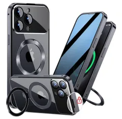 【スライドカバー磁気ロック・覗き見防止・新次元の一体型カメラ保護 +CD隠しスタンド】iPhone 15 Pro Max 用 ケース 全面保護 Magsafe対応 ランヤードホール付き [本体を再現・マット金属フレーム ] 縦横両対応 9H強化ガラス
