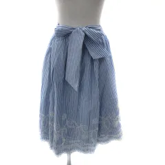 組曲 クミキョク KUMIKYOKU フレアスカート ギャザースカート ミモレ丈 ストライプ柄 パンチングレース リボンベルト付き 2 水色 ライトブルー 白 ホワイト /YS2