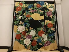 平和屋着物●豪華振袖　駒刺繍　牡丹　黒地　金彩　正絹　逸品　AABD6019ph