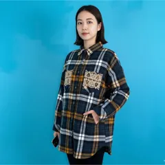 1575【&LOVE アンドラブ】裏ボアレースポケットチェックシャツ M 紺×黄のサムネイル