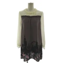 アクシーズファム axes femme フリルネック薔薇柄プリントパールワンピース TS362X43 ひざ上丈 シアー素材 レース切替え 長袖 グレー系 グレーブラウン アイボリー M