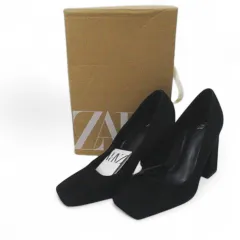 ザラ ZARA パンプス スクエアトゥ 35 ブラック 黒系 スエード 