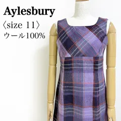 Aylesbury ウール100％ ノースリーブ ひざ丈ワンピース チェック柄 パープル系 上品 大人可愛い 秋冬 フォーマル 通勤 きれいめ EO-87