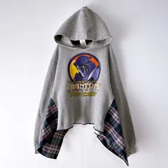 古着リメイクパーカー　グレー　裏起毛スウェット　片面プリント　チェック柄　アシンメトリー　プルオーバー  フーディー　メロー