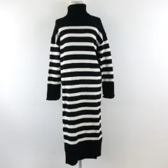 ザラ ZARA ニットワンピース ロング 長袖 ボーダー タートルネック 黒 白 S *T859