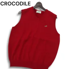 CROCODILE クロコダイル 秋冬 ワニ ロゴ刺繍★ ウール Vネック ニット ベスト Sz.L メンズ 赤
