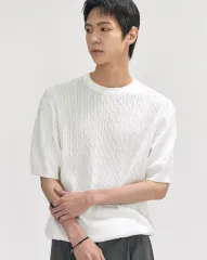(新品) ウォッシャブル ビスコース コットン ケーブル 半袖 ニット 白