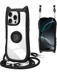 iPhone 12 Pro Max ケース ショルダー クリア カバー リング付き 隠しスタンド 猫耳 ネコミミ 背面ガラス かわいい おしゃれ スタンド付き ストラップホール アイフォン12プロマックス スマホケース 多機能 全面保護 落下防止（ブラック）