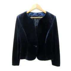 アナイ ANAYI ベロアジャケット ノーカラージャケット ミドル丈 無地 総裏地 36 S 紺 ネイビー /SY12