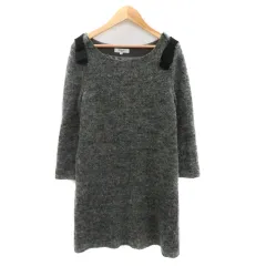 ナチュラルビューティーベーシック NATURAL BEAUTY BASIC ワンピース ミニ丈 七分袖 Uネック リボン 無地 ウール混 モヘヤ混 M グレー /YK15
