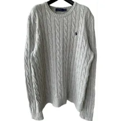 メンズ L ポロ ケーブル編み ニット ラルフローレン ケーブル セーター コットン 綿 100% ライトグレー