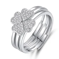 【新品】 Rockyu クローバー 指輪 レディース フリーサイズリング かわいい 3連指輪 プラチナ シルバー925 CZダイヤモンド ハートリング 3個セット純銀製指輪 幸せ 永遠の愛 結婚指輪 恋人 人気 アクセサリー バレンタインデー プレゼント 1