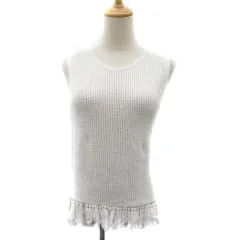 バビロン BABYLONE ニット カットソー ノースリーブ Uネック フリンジ 透かし編み 無地 38 M 白 ホワイト /YK37