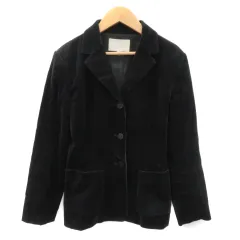 ナチュラルビューティー NATURAL BEAUTY オープンカラージャケット ミドル丈 総裏地 シングルボタン ベロア 無地 S 黒 ブラック /YK38