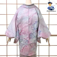 羽織 総絞り 絵羽織 正絹 山葡萄柄 渋い水色〜紅藤色 羽織紐付き 着物 kimonolove【リユース品 一点物 オゾン消臭サービス】A-2570