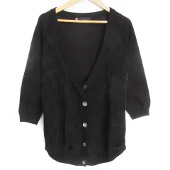 ユナイテッドアローズ ピンクレーベル UNITED ARROWS PINK LABEL ニットカーディガン 薄手 ミドル丈 七分袖 切替 ブロックチェック柄 F 黒 ブラック /FF20