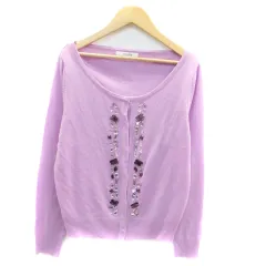 ティティベイト titivate ニットカーディガン ラウンドネック ミドル丈 ビジュー M ラベンダー /HO42