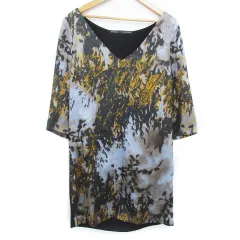 ザラ ベーシック ZARA BASIC ワンピース ひざ丈 七分袖 Vネック 切替 総柄 マルチカラー S 黒 黄色 ブラック イエロー /FF10