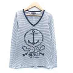 トミーヒルフィガー TOMMY HILFIGER Tシャツ カットソー Vネック 長袖 ボーダー柄 総柄 M オフホワイト 紺 ネイビー /HO43 ■MO