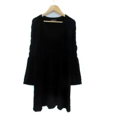 ミッシェルクラン MICHEL KLEIN ニットワンピース ラウンドネック 長袖 ひざ丈 M-L 黒 ブラック /HO51