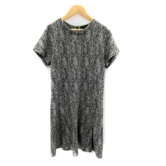 セオリー theory ニットワンピース ひざ丈 半袖 ラウンドネック 総柄 ウール混 2 黒 ブラック 白 ホワイト /SY47