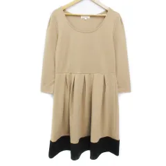 ロペピクニック ROPE Picnic フレアワンピース ひざ丈 長袖 Uネック 切替 無地 38 バイカラー ベージュ 黒 ブラック /FF14