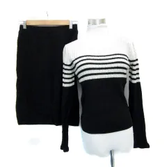 デイシー deicy セットアップ 上下 ニット カットソー 長袖 ラウンドネック ボーダー柄 ケーブル編み タイトスカート ミモレ丈 ウール混 1 ベージュ /MS1