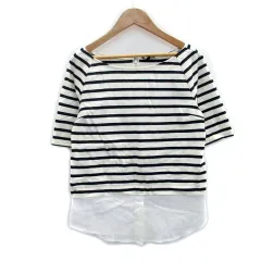 セオリー theory カットソー 五分袖 ラウンドネック ボーダー柄 切替 S ホワイト 白 /MS26