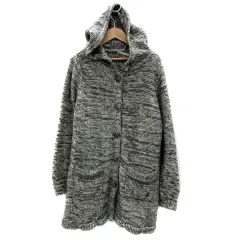 ドゥドゥ DOUDOU ニットカーディガン ロング丈 フード付き ボーダー柄 ウール混 F 白 ホワイト グレー /YS29